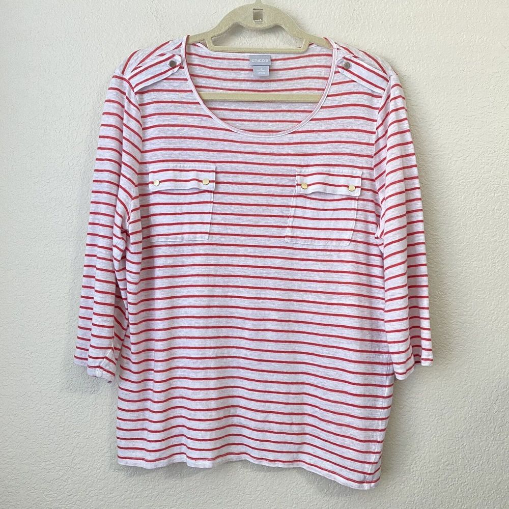 Chico's Top Womens Size Large Linen Stripes Nautical Red White